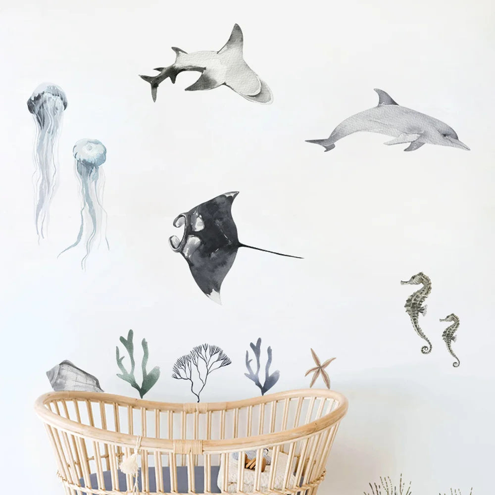 Underwater World Fish Wall Stickers Waterproof Watercolor Coral Ocean Wall Decals for Bathroom Nursery Baby Room Home Decor