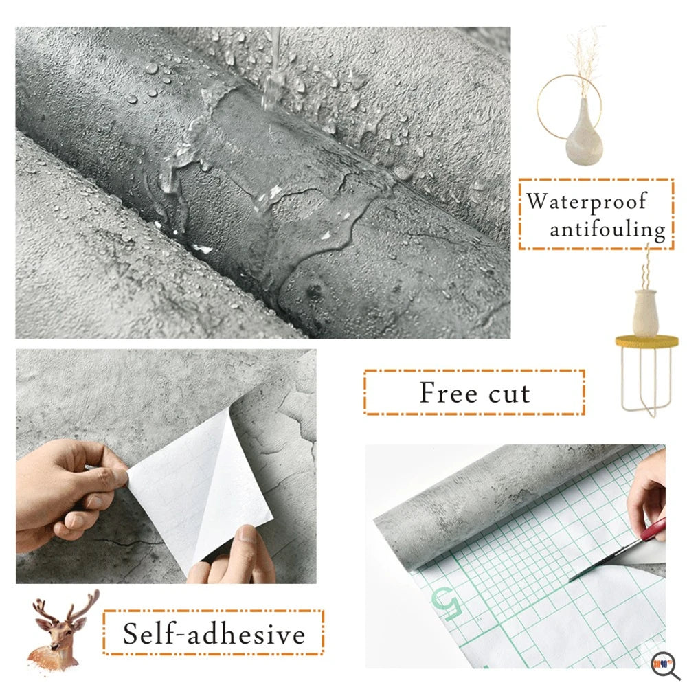 Industrial Cement Grey Clothing Store Living Room Decor Contact Paper Vinyl Self Adhesive Waterproof Wallpaper Wall Stickers