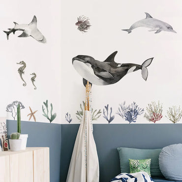 Underwater World Fish Wall Stickers Waterproof Watercolor Coral Ocean Wall Decals for Bathroom Nursery Baby Room Home Decor