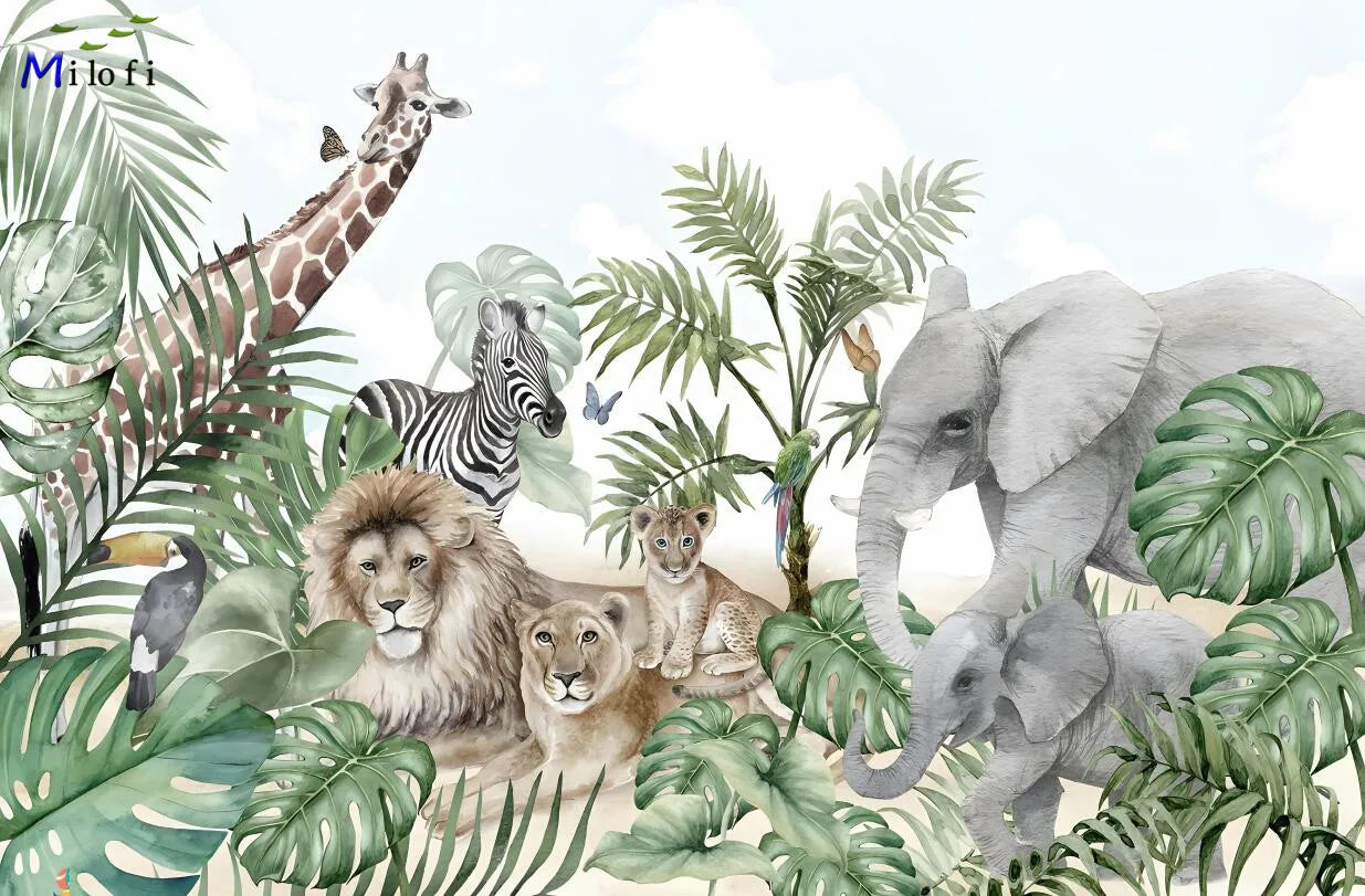 Milofi custom 3D large wallpaper mural hand-painted Nordic forest small animal kindergarten jungle sticker background wall