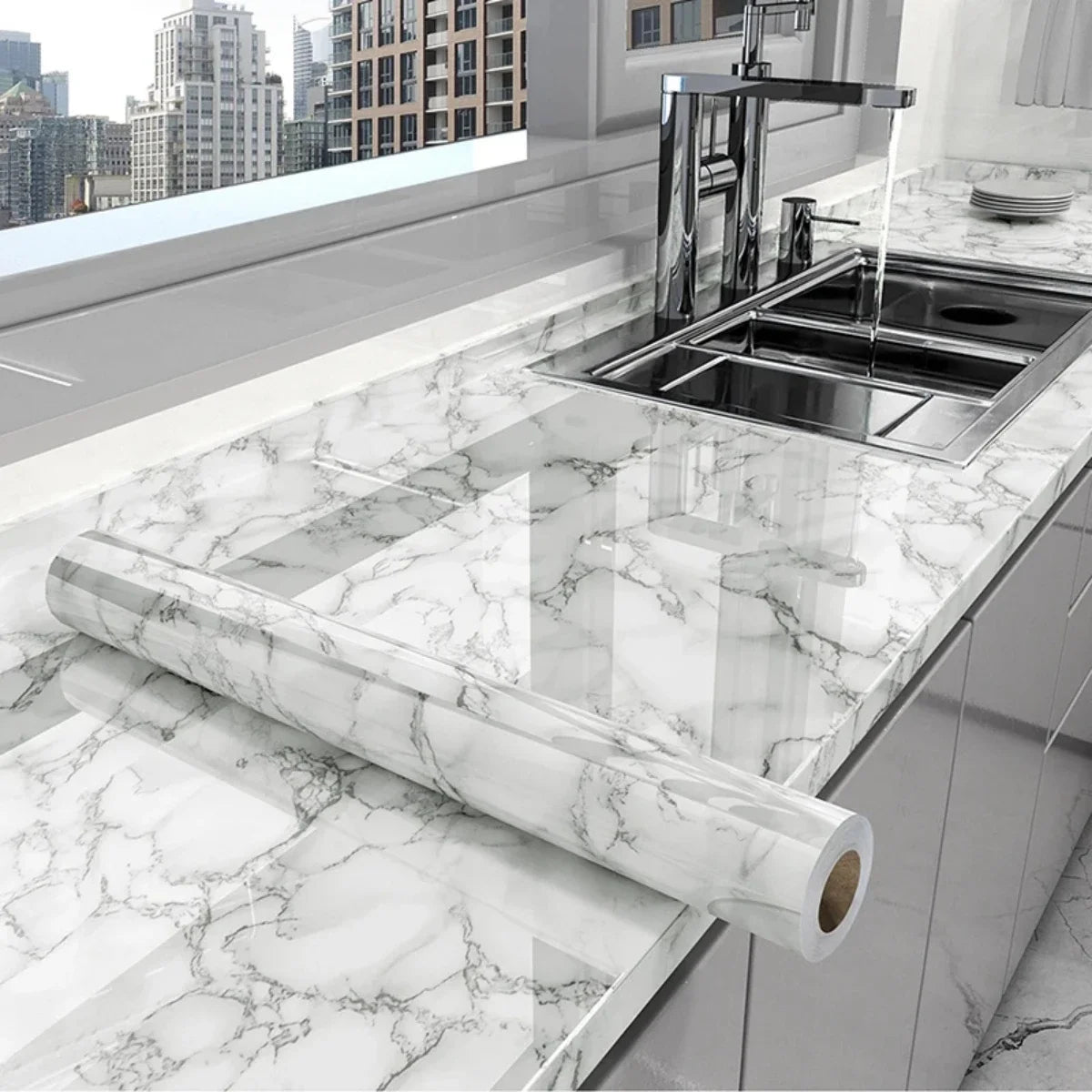 80cm Width Vinyl Wallpaper Marble Waterproof Wall Stickers Bathroom Table Kitchen Self-Adhesive Sticker for Furniture Decor