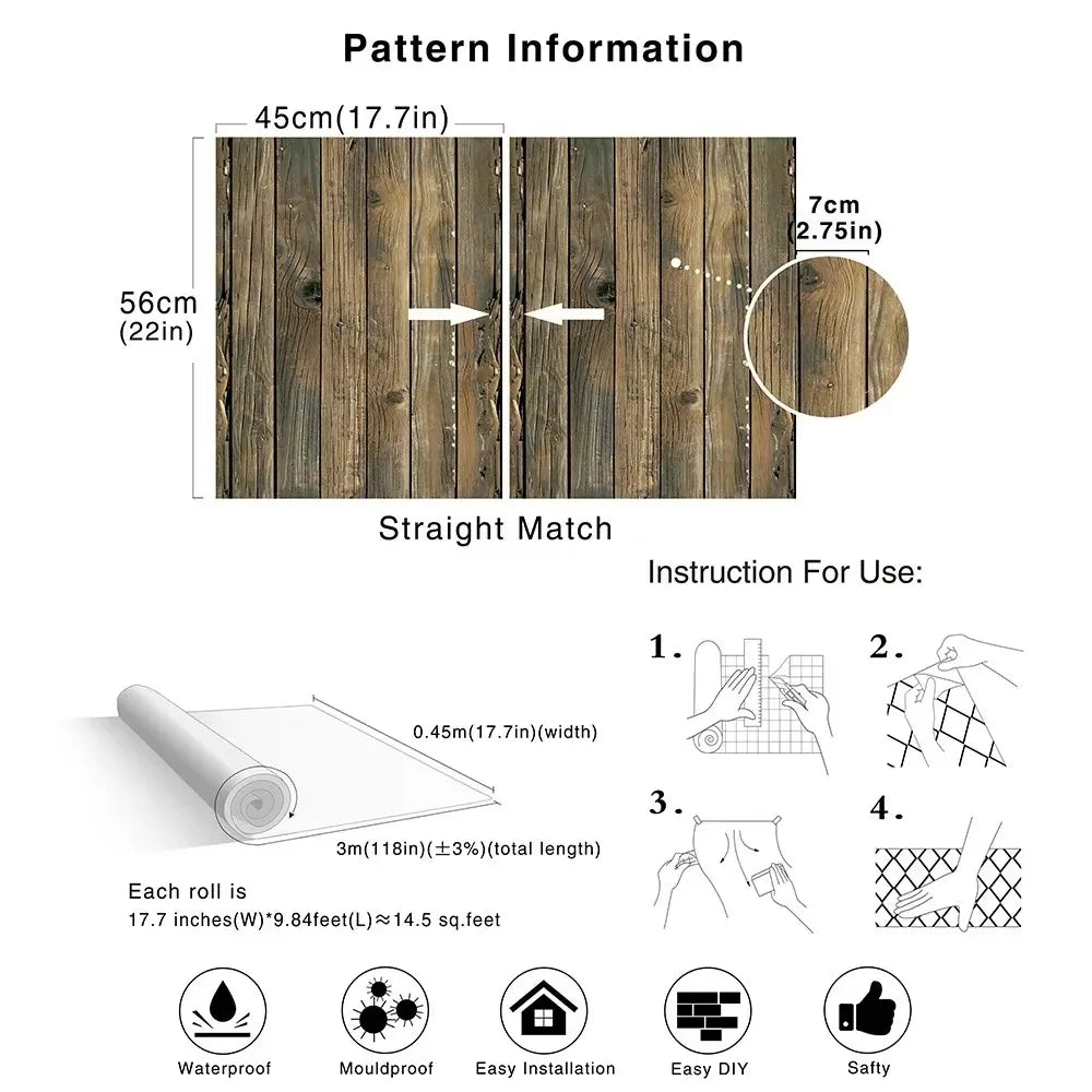45cm Retro Faux Wood Grain Peel Stick Wallpaper Self-adhesive Wood Plank Wall Stickers Roll Removable Vinyl Wall Covering