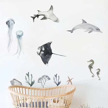 Underwater World Fish Wall Stickers Waterproof Watercolor Coral Ocean Wall Decals for Bathroom Nursery Baby Room Home Decor