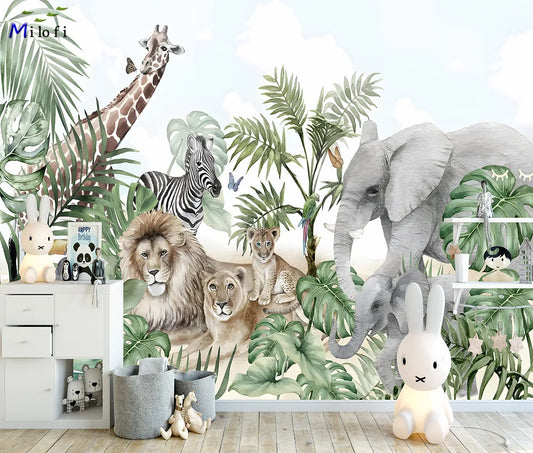 Milofi custom 3D large wallpaper mural hand-painted Nordic forest small animal kindergarten jungle sticker background wall